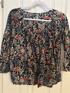 Lucky Brand Navy Floral Peasant Top with Rust and Cream Blooms